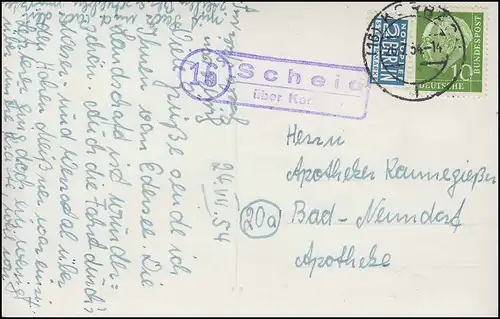 Landpost-Stempel  (16) Scheid über KORBACH 26.7.54 auf AK Edersee - Sperrmauer