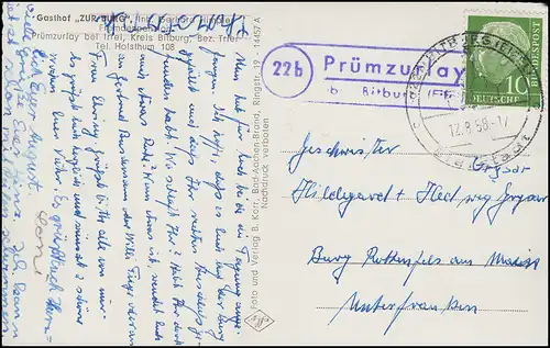 Landpost-Stempel 22b Prümzurlay über BITTBURG SSt 12..8.58 auf passender AK 