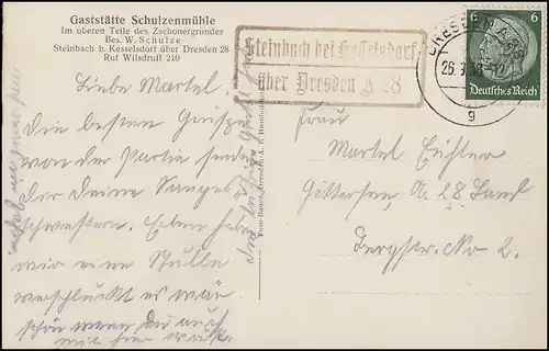 Landpost-Stempel 1938: Steinbach bei Kesselsdorf über DRESDEN A 28 auf AK