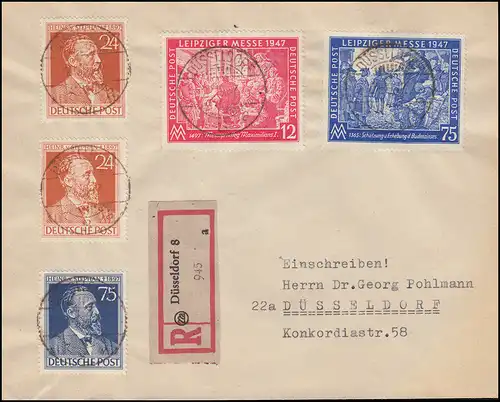 Gemeinschaft 963-964 Stephan und 965-966 Messe auf R-Brief DÜSSELDORF 21.10.47