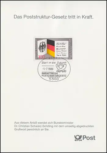 1421 EB 1/1989 Poststruktur-Gesetz - Typ I MIT Grußwort, seltene Karte