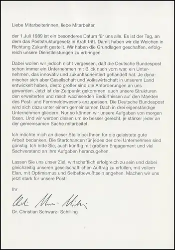 1421 EB 1/1989 Poststruktur-Gesetz - Typ I MIT Grußwort, seltene Karte