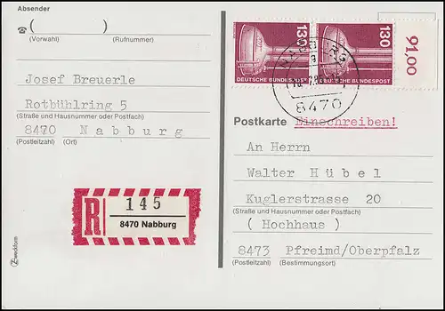 1135 IuT 130 Pf Carte postale verticale OR-Paar MeF R NABBURG 10.2.85 selon Pfreimmd