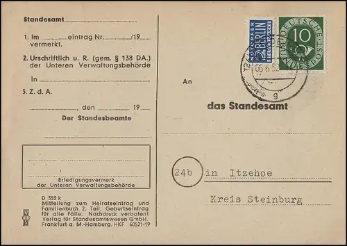 128 Posthorn 10 Pf. mit Notopfer als EF auf Postkarte Standesamt HEIDE 6.6.52