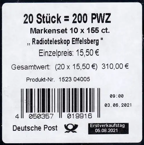 123 MH Radioteleskop Effelsberg, Banderole für 20 Markensets