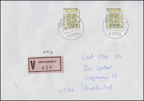 1691 SWK 700 Pf zweifach als MeF Wert-FDC NETTETAL 3 - 16.9.93