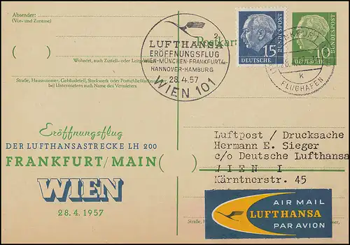 Eröffnungsflug Lufthansa LH 200 Wien München FFM Hannover Hamburg am 28.4.57