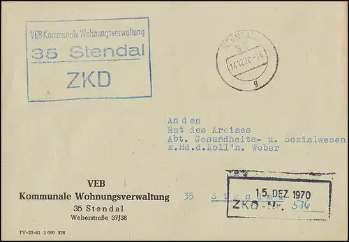 ZKD-Ortsbrief VEB Kommunale Wohnungsverwaltung STENDAL 14.12.70 an Kreisrat