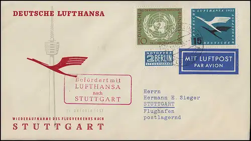 Luftpost Lufthansa Wiederaufnahme Inland, Düsseldorf/ Stuttgart 31.10.1955