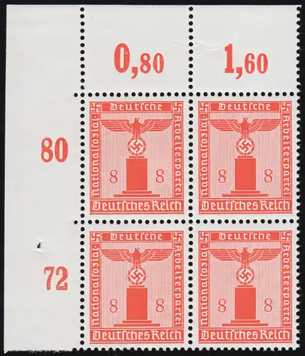 160y Dienstmarke 8 Pf. als Eckrand-Viererblock oben links, ungefaltet, **