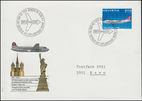 Schweiz 968 Pro Aero 1972 - amtlicher FDC Flug Genf - New York SSt 2.5.72