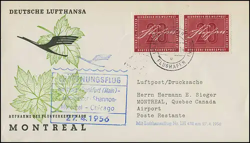 Eröffnungsflug Lufthansa LH 432 Montreal, Frankfurt 27.4.1956 / Montreal 28.4.56