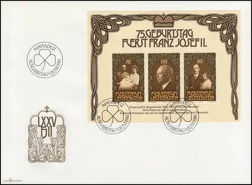 Liechtenstein Block 11 Geburtstag von Fürst Franz Josef II., FDC ESSt Vaduz 1981