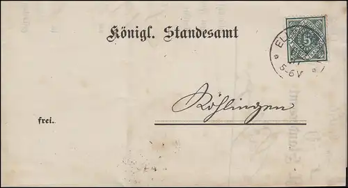 103 Service 5 Pf. EF Königl. Office de l'état civil ELLWANGEN 3.12.1891 selon RÖHLINGEN