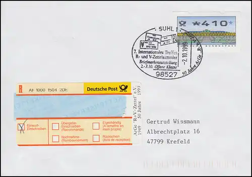 ARGE Sonder-R-Zettel auf R-Brief ATM-EF 410 passender SSt SUHL 2.10.1999