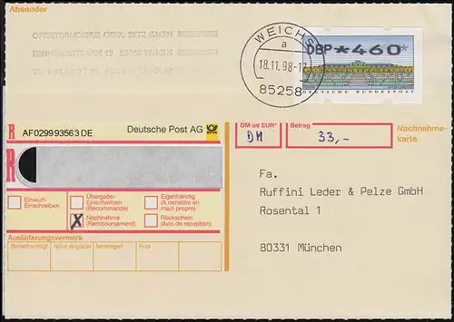 Carte de réduction AF: autocollant Premium IMPIN ATM 460 WICHS 18.11.1998