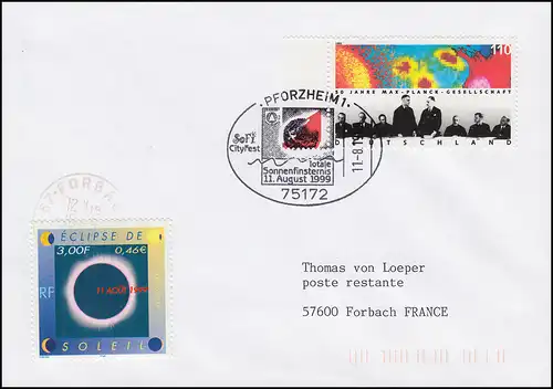 Éclipse solaire totale le 11.8.1999: Lettre avec SSt PFORZHEIM correspondant 11/08/99