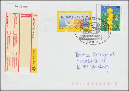 Point R spécial Euro ATM sur WU 3 avec ATM 4.1 à 1,53 Euro FDC ESSt 1.1.2002