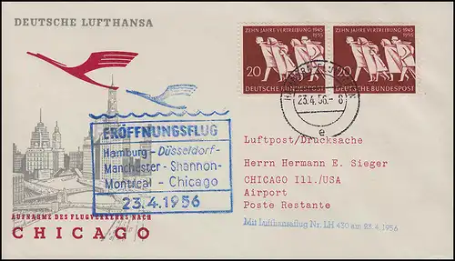 Luftpost Lufthansa Eröffnungsflug Hamburg / Chicago 23./ 24.4.1956