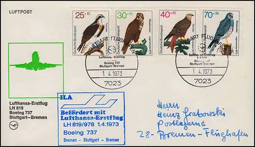 Airpost Lufthansa Premier vol Boeing 737 LH 819/978 STUTTGART/ BREMEN 1.4.1973