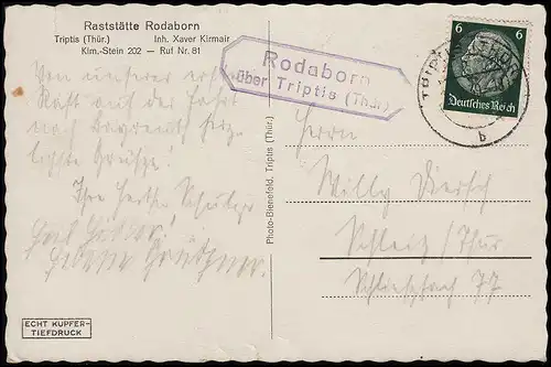 Landpost Rodaborn über TRIPTIS (Thüringen) 12.8.39 auf AK Raststätte Rodaborn