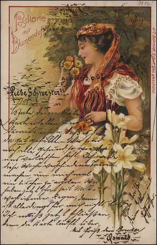 46 Ziffer 5 Pf als EF auf AK mit Blumenduft MERSCHEID 9.6.1902 nach CLEVE 9.6.