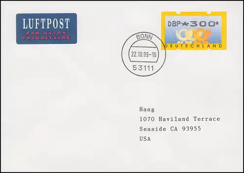 3.1 Cors postaux 300 Pf. DBP sur FDC aux États-Unis et correspondant ET-O Nouvelle ATM 22.10.99