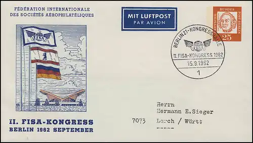 Berlin PU 32/1 Aerophilatelie II. FISA-Kongress, passender SSt BERLIN 15.9.1962