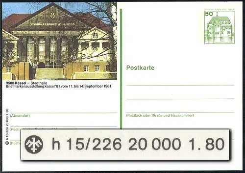 Bildpostkarte P 114 - BuS 50 Pf Nummer h 15/226: Kassel / Stadthalle **