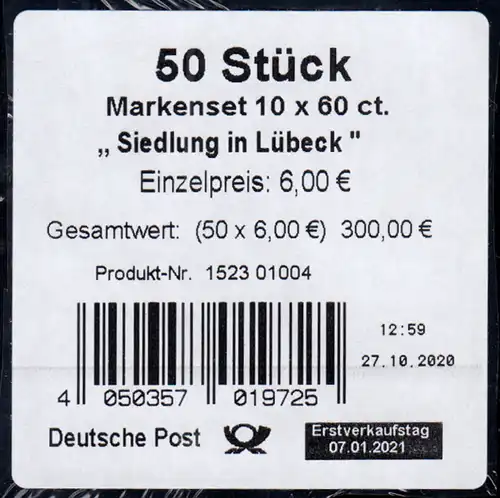 FB 103 Siedlung in Lübeck, Folienblatt-BANDEROLE für 50 Markensets