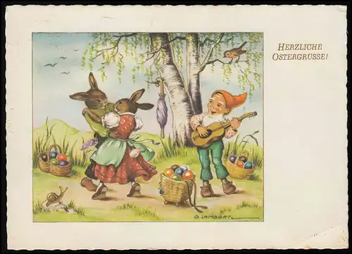 AK Ostern, Zwerg Gitarre Hasenpaar tanzt, G. Lambert, SST ZOO KARLSRUHE 2.4.58