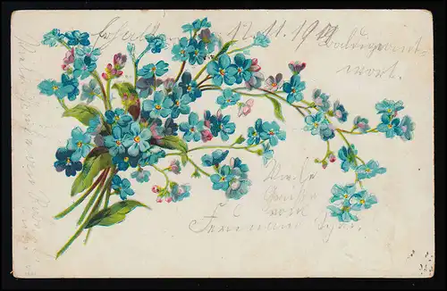 AK Blumen Vergissmeinnicht Gebinde Strauß Blüten blau / rosa, HÖRHEIM 12.7.1902