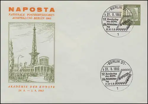 Berlin PU 29/7 NAPOSTA 1963 Exposition / Funkturm, SSt BDPh Bundestag 31.8.63