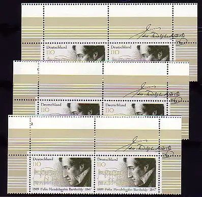 1953L Mendelssohn: 3 Leerfeld-Paare FN1 / FN2 / ohne FN, Set ** postfrisch