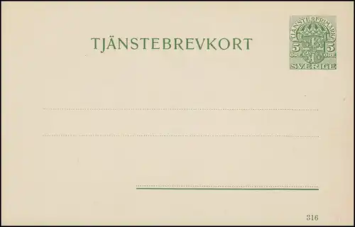 Dienstpostkarte DP 8 Tjänstebrevkort 5 Öre Druckdatum 316, ** postfrisch