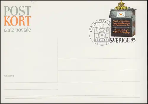 Schweden Postkarte P 98 Briefkasten 85 Öre, FDC Stockholm Lokomotive 10.03.76