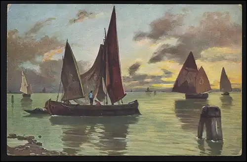 Künstler AK Fischer Boote Segel Küste Sonnenaufgang am Meer Feldpost 8.6.1918