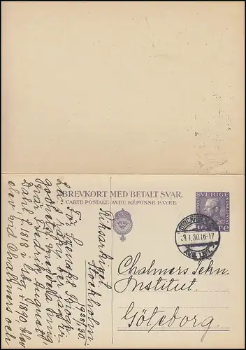 Postkarte P 52II Brevkort König Gustav 10/10 Öre, STOCKHOLM 28.1.1930