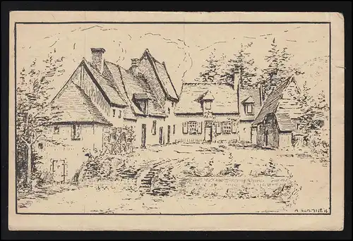 Künstler Radierung kleines friedliches Dorf, sign. A.Schmidt, Feldpost 14.7.1916