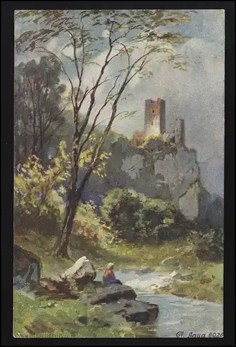 Künstler AK Aquarell Junge am Fluss unter Burg Ruine, signiert, ungebraucht