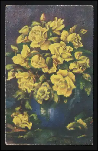 Künstler AK gelbe Rosen blaue Vase, Feldpost II. Kompanie Lw. Regt. 4, 3.7.1918