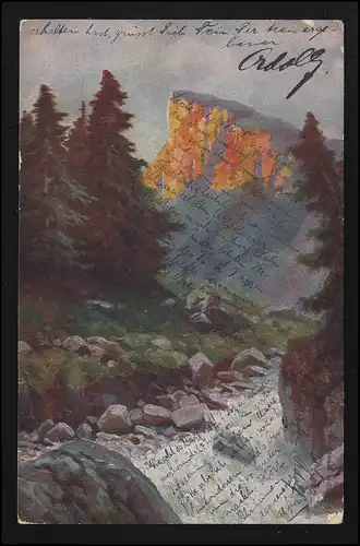 Künstler AK Alpenglühen Wildwasser Tannen Berge Tal, FRANKENTHAL 7.11.1914