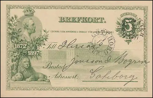 Postkarte P 28B Regierungsjubiläum, BOTISÄTER 30.9.1897 nach GÖTEBORG 1.10.97