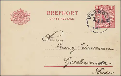 Postkarte P 30 BREFKORT 10 Öre Druckdatum 413, VAXKOLM 3.6.17