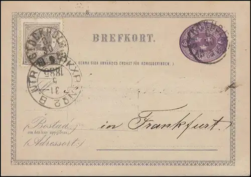 Carte postale P 1C II BREFFORT 6 Öre, STOCKHOLM 30.5.1885 par voie ferrée PKXP 31.5.85