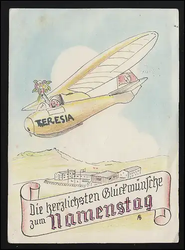 AK Luftfahrt Flugzeug Blumen Pilot Teresia Namenstag, KRUFT 14.10.38