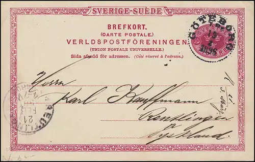 Postkarte P 20 SVERIGE-SUEDE 10 Öre, GÖTEBORG 19.2.1896 nach REUTLINGEN 21.2.96