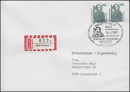 1381 Rolandsäule Bremen, Paar MeF R-Brief SSt Bremen Ausstellung 14.4.1991