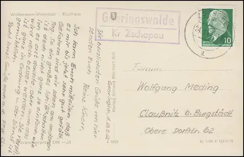 Landpost GEHRINGSWALDE Kr. ZSCHOPAU 24.5.62 auf AK WOLKENSTEIN WARMBAD Klubhaus