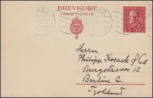 Carte postale P 42 Brevkort König Gustav 25 Öre, LUND 29.9.1921 à Berlin